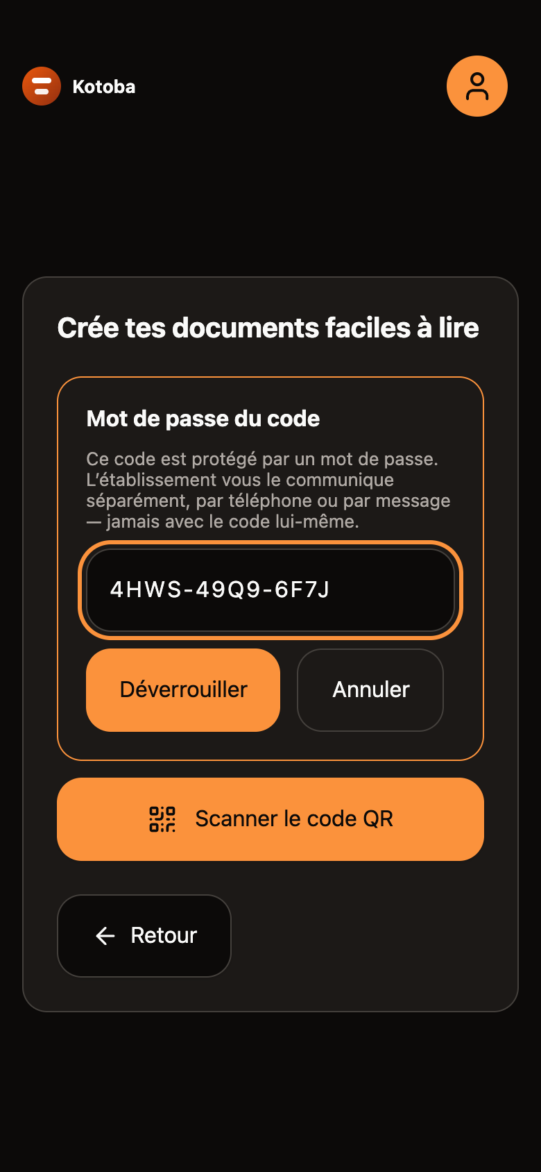 Le mot de passe saisi